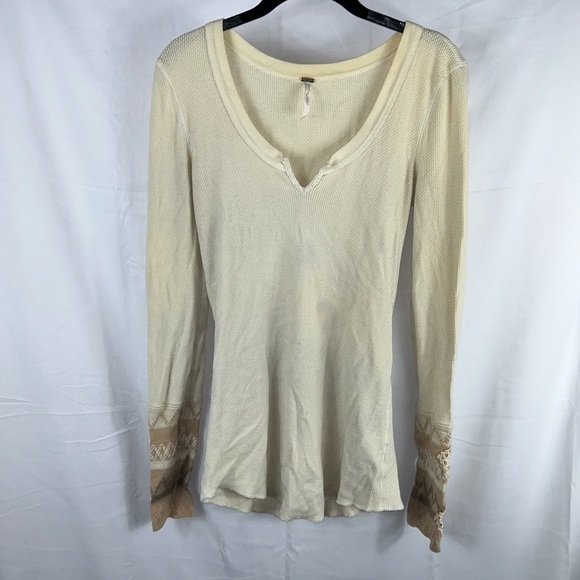 Free People Sweater Kyoto Cuff Thermal Mushroom Waffle Knit Long Sleeve V-Neck - Picture 5 of 12